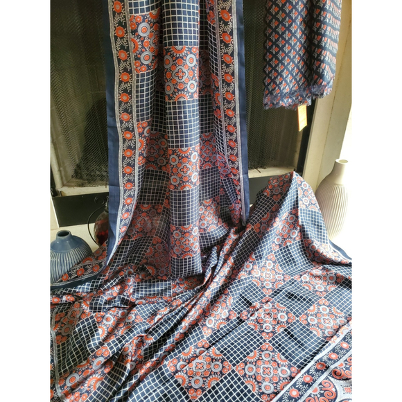New Women Ajrakh Block Pure Silk Saree With Bp Party Designer Festive - Picture 5 of 10